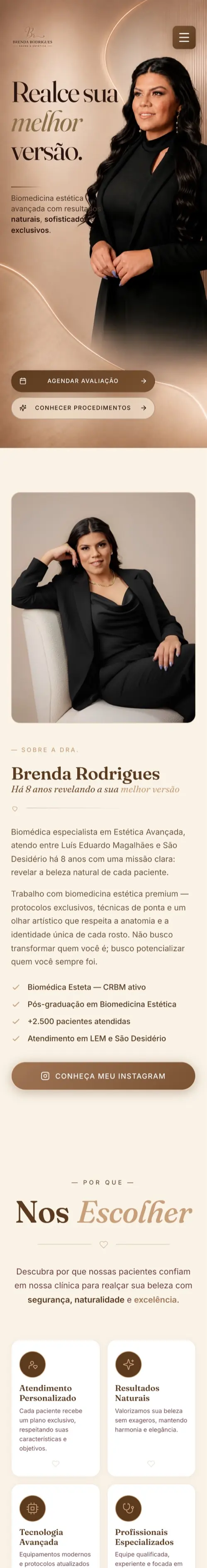 Versão mobile do site da Dra. Brenda Rodrigues · Biomedicina Estética (Luís Eduardo Magalhães/BA)
