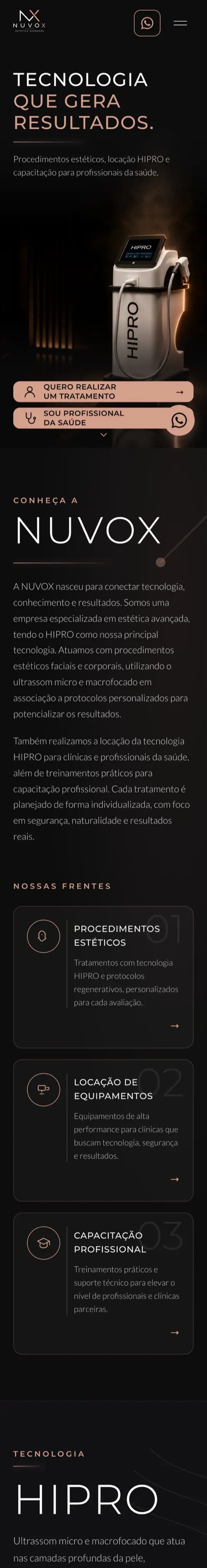 Versão mobile do site da NUVOX Estética Avançada · Tecnologia HIPRO (Belo Horizonte/MG)