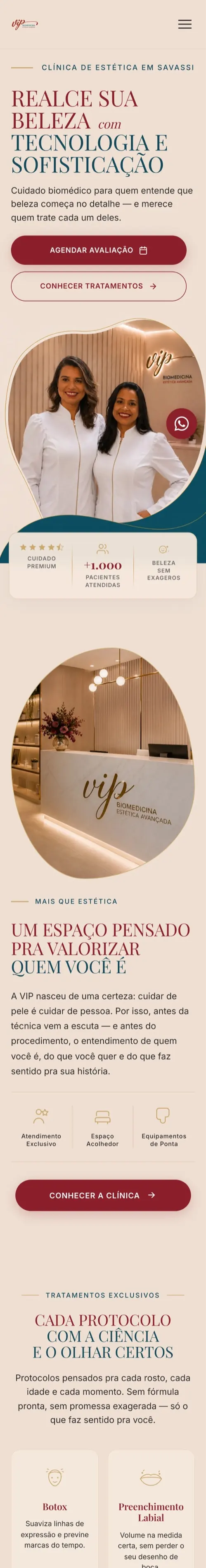 Versão mobile do site da VIP Biomedicina · Estética