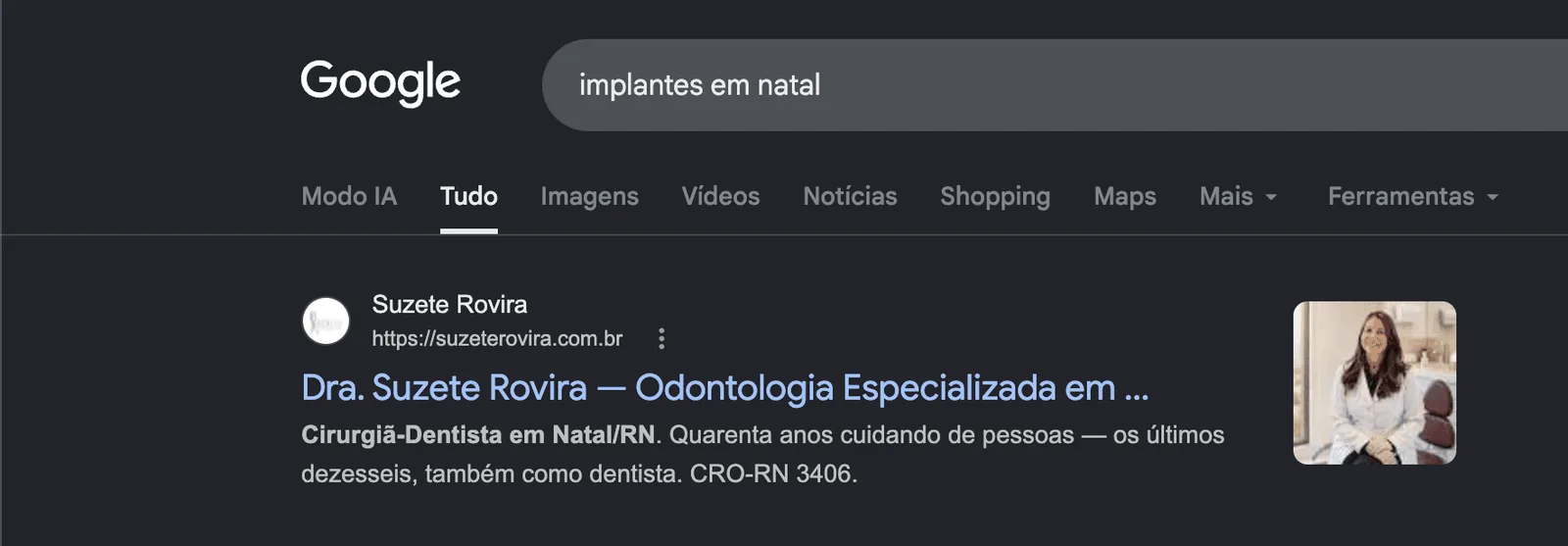 Print da busca "implantes em natal" no Google mostrando o site da Dra. Suzete Rovira em primeiro lugar